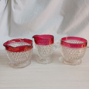 Vintage Indiana Glass Ruby Red Diamond Creamer Sugar Candle Set